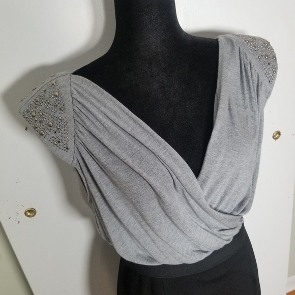 Allen B Military Inspired 2 Tone Mini Dress, Capped Studded Sleeves Black Gray M - Picture 3 of 9